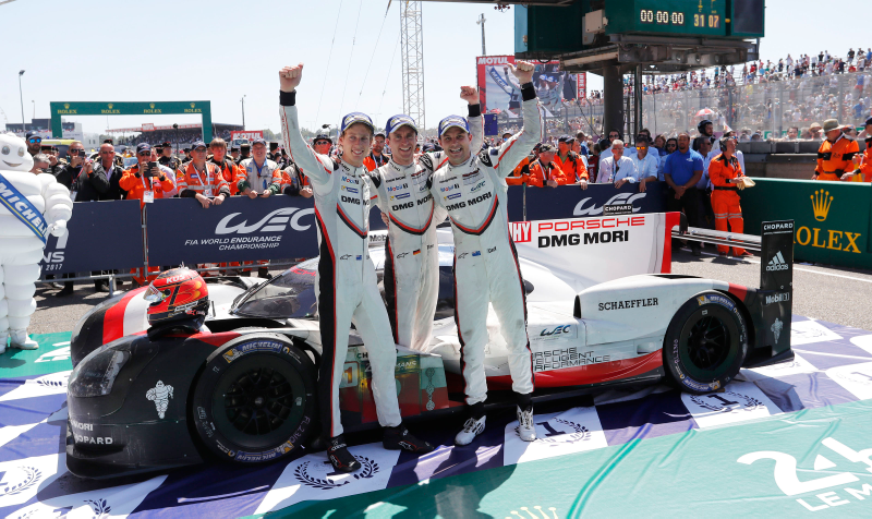 Hartley-Bernhard-Bamber celebrates their 2017 Le Mans win at Victory Lane.